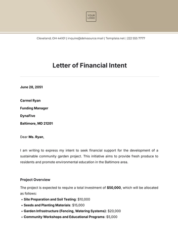 Free Letter of Financial Intent Template to Edit Online