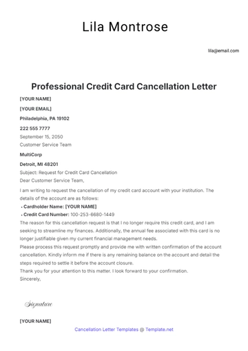 Free Professional Credit Card Cancellation Letter Template to Edit Online