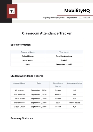 Free Classroom Attendance Tracker Template to Edit Online
