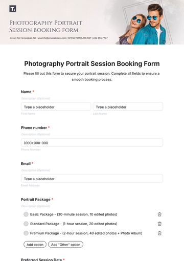 Free Photography Portrait Session Booking Form Template to Edit Online