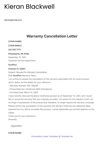 Free Warranty Cancellation Letter Template to Edit Online
