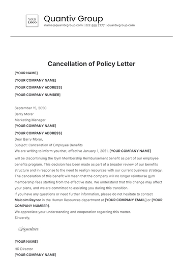 Free Cancellation of Policy Letter Template to Edit Online
