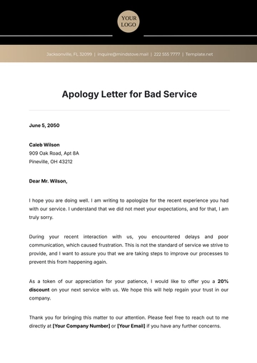 Free Apology Letter for Bad Service Template to Edit Online