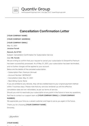 Free Cancellation Confirmation Letter Template to Edit Online