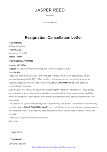 Free Resignation Cancellation Letter Template to Edit Online