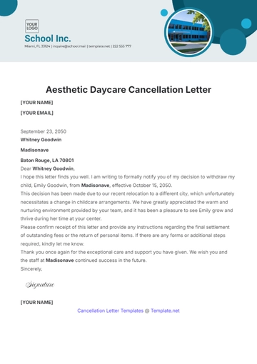Free Aesthetic Daycare Cancellation Letter Template to Edit Online