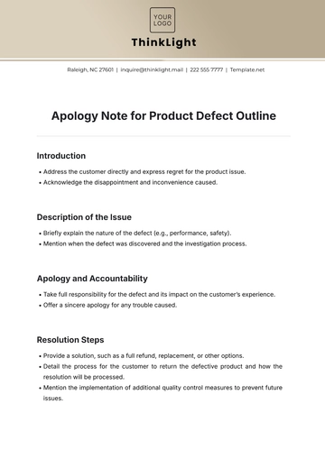 Free Apology Note for Product Defect Outline Template to Edit Online