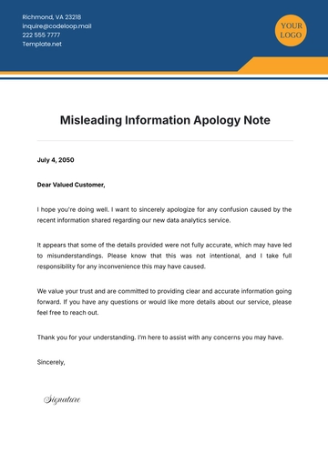 Free Misleading Information Apology Note Template to Edit Online