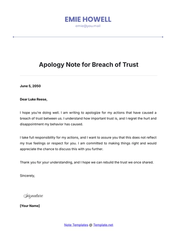 Free Apology Note for Breach of Trust Template to Edit Online