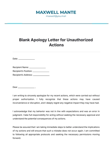 Free Blank Apology Letter for Unauthorized Actions Template to Edit Online