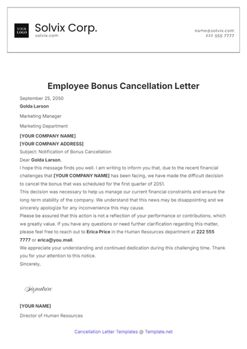 Free Employee Bonus Cancellation Letter Template to Edit Online