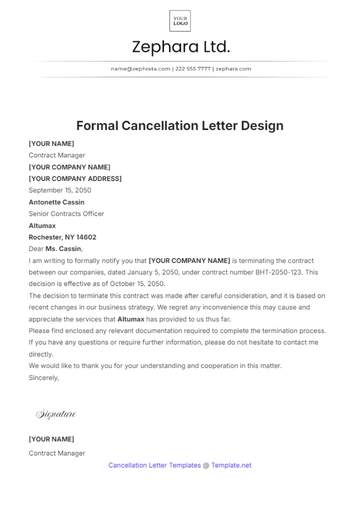 Free Formal Cancellation Letter Design Template to Edit Online