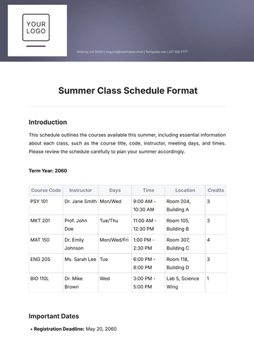 Free Summer Class Schedule Format Template to Edit Online