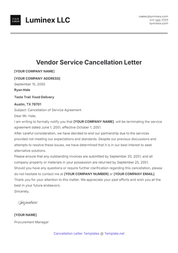 Free Vendor Service Cancellation Letter Template to Edit Online
