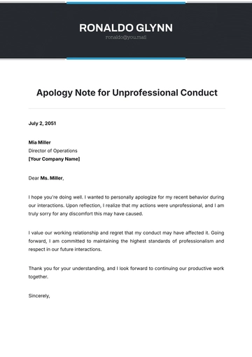 Free Apology Note for Unprofessional Conduct Template to Edit Online