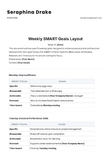 Free Weekly SMART Goals Layout Template to Edit Online