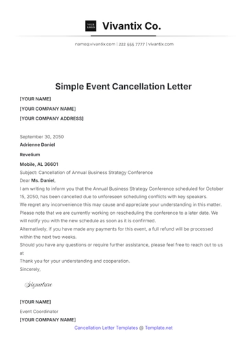 Free Simple Event Cancellation Letter Template to Edit Online