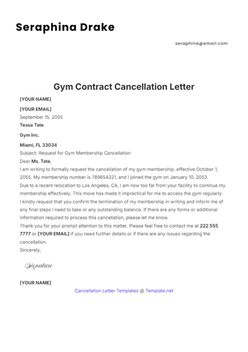 Free Gym Contract Cancellation Letter Template to Edit Online