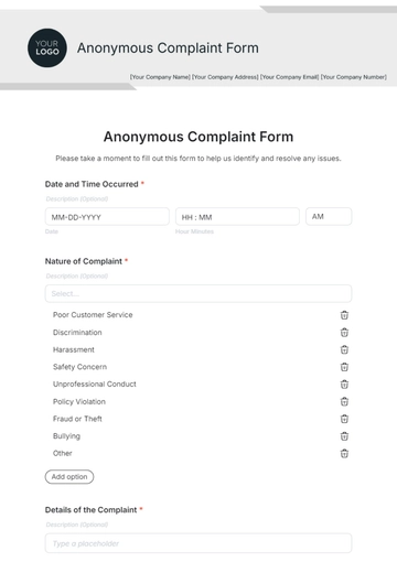 Free Anonymous Complaint Form Template to Edit Online