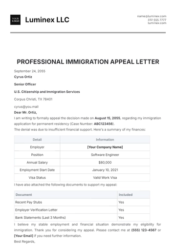 Free Professional Immigration Appeal Letter Template to Edit Online