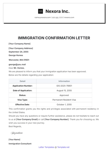 Free Immigration Confirmation Letter Template to Edit Online