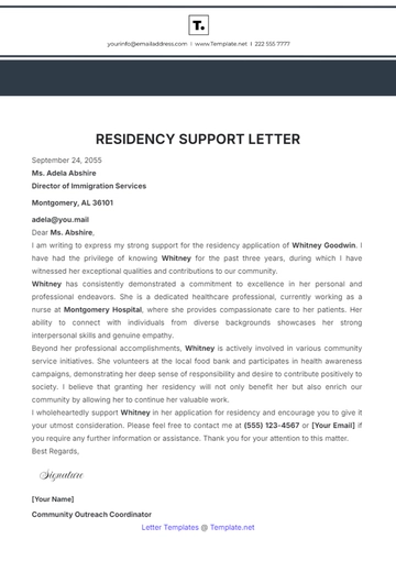 Free Residency Support Letter Template to Edit Online