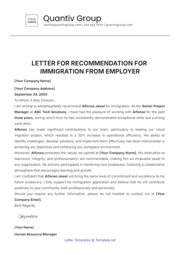Free Letter of Recommendation for Immigration from Employer Template to Edit Online