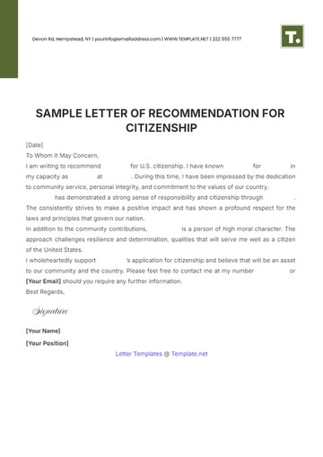 Free Sample Letter of Recommendation for Citizenship Template to Edit Online