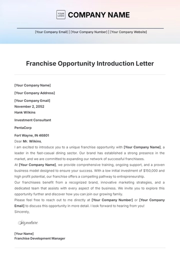 Free Franchise Opportunity Introduction Letter Template to Edit Online