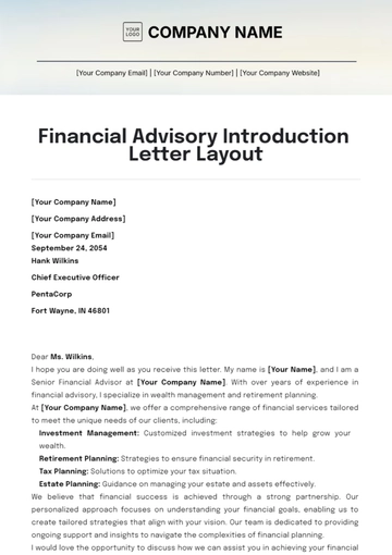 Free Financial Advisory Introduction Letter Layout Template to Edit Online