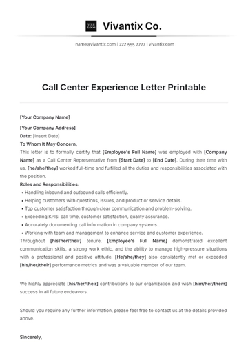Free Call Center Experience Letter Printable Template to Edit Online
