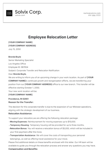 Free Employee Relocation Letter Template to Edit Online
