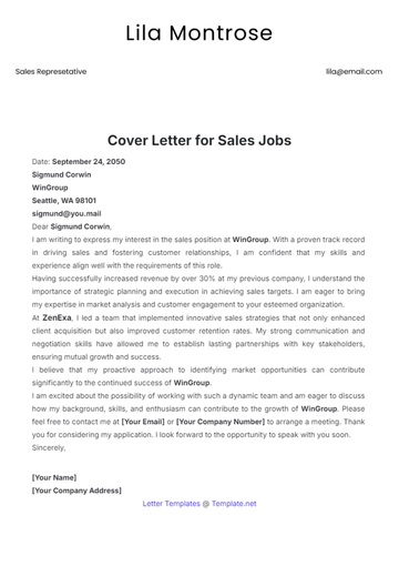 Free Cover Letter for Sales Jobs Template to Edit Online