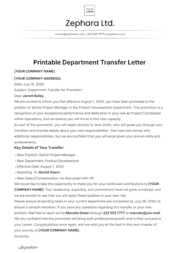 Free Printable Department Transfer Letter Template to Edit Online