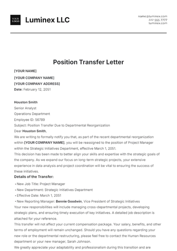 Free Position Transfer Letter Template to Edit Online