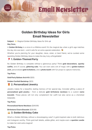 Free Golden Birthday Ideas for Girls Email Newsletter Template to Edit Online