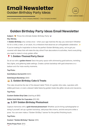 Free Golden Birthday Party Ideas Email Newsletter Template to Edit Online