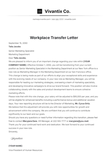 Free Workplace Transfer Letter Template to Edit Online