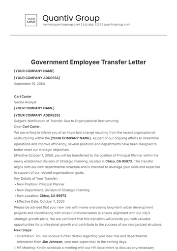 Free Government Employee Transfer Letter Template to Edit Online