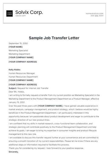 Free Sample Job Transfer Letter Template to Edit Online