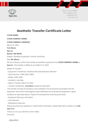 Free Aesthetic Transfer Certificate Letter Template to Edit Online