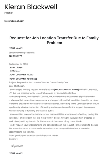 Free Request for Job Location Transfer Due to Family Problem Template to Edit Online
