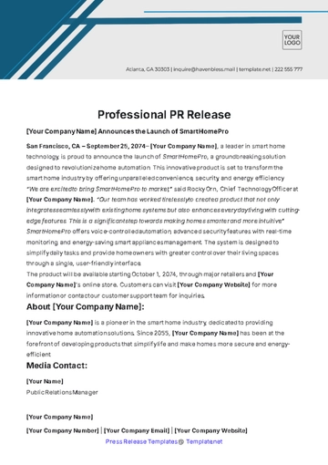 Free Professional PR Release Template to Edit Online
