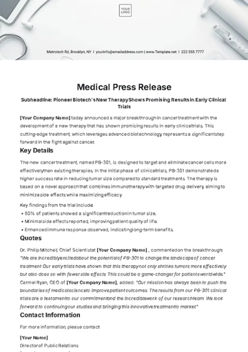 Free Medical Press Release Template to Edit Online