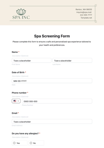 Free Spa Screening Form Template
