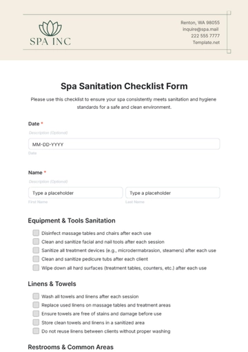 Free Spa Sanitation Checklist Form Template