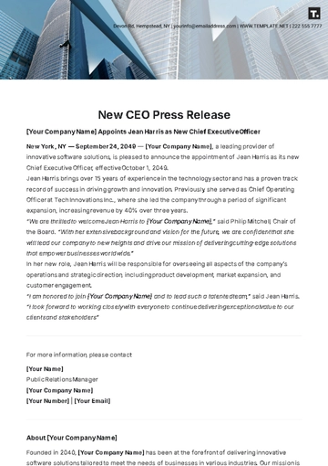 Free New CEO Press Release Template to Edit Online