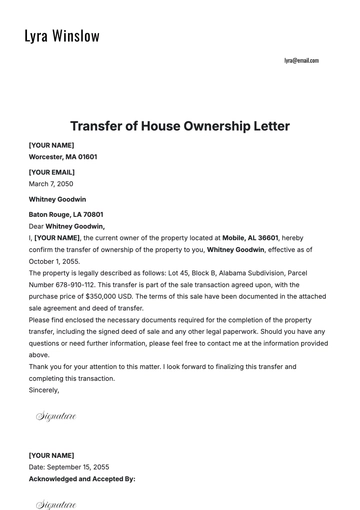 Free Transfer of House Ownership Letter Template to Edit Online