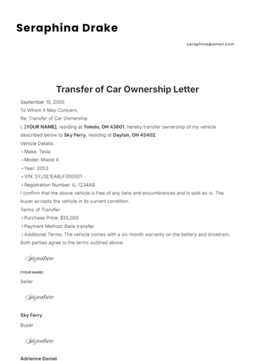 Free Transfer of Car Ownership Letter Template to Edit Online