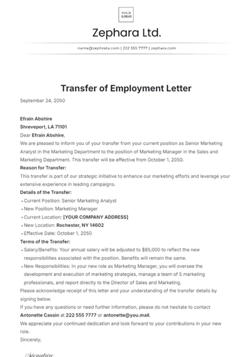 Free Transfer of Employment Letter Template to Edit Online